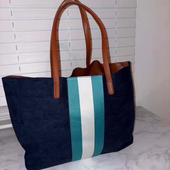 Neiman Marcus Handbags - Neiman Marcus Faux Suede Tote Bag Navy Blue with Tan Handles & Teal/White Stripe